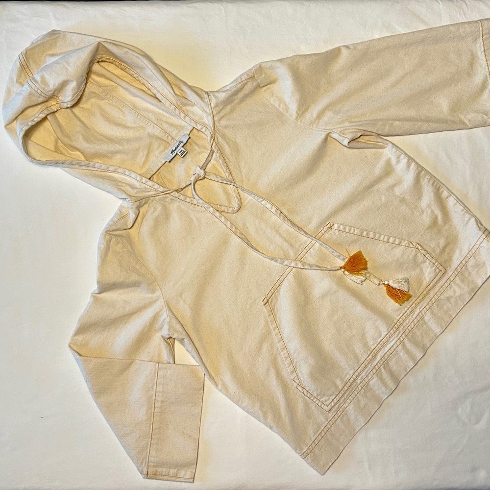 MADEWELL WOVEN NATURAL COTTON PULL-OVER HOODIE WITH TASSLE TIES